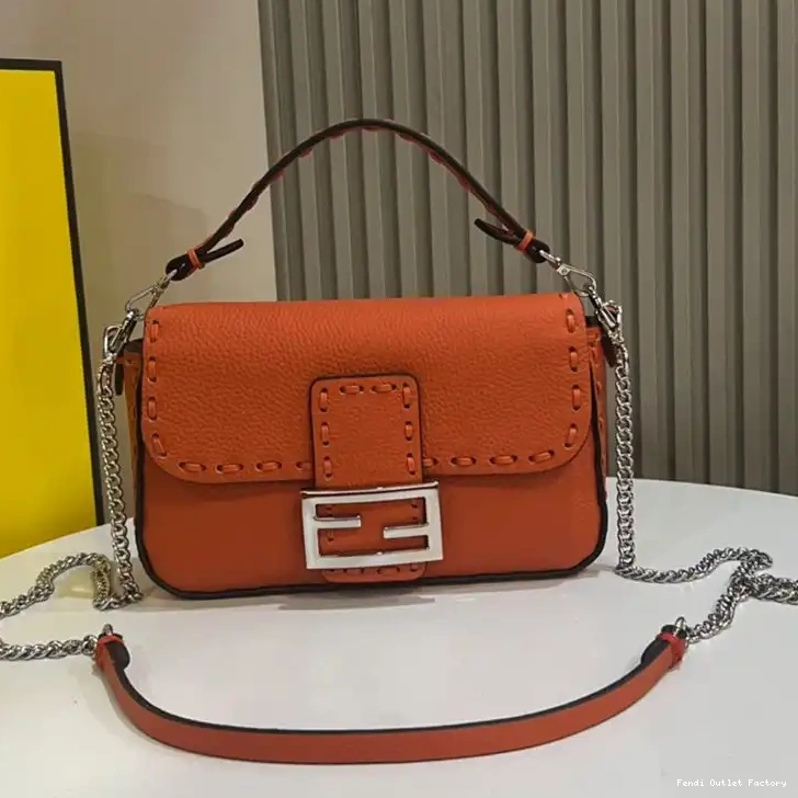 HOT Orange In Fendi Selleria Mini Leather Bag Cuoio Romano Baguette 0427